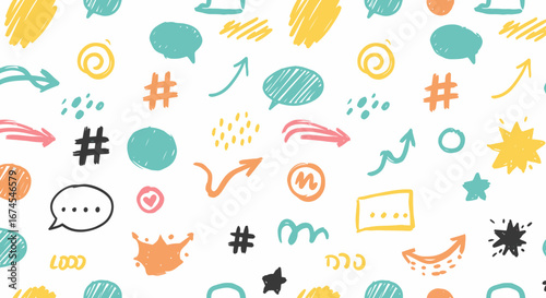 Vibrant Hand Drawn Social Media Icons and Symbols Representing Communication Engagement and Online Interaction