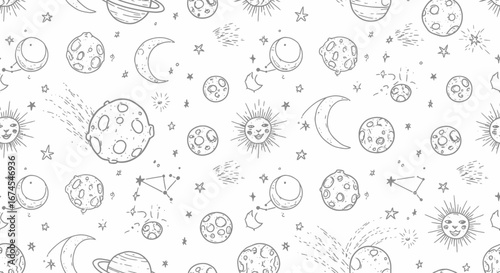 A Whimsical Hand Drawn Pattern Featuring Planets Moons Stars and Comets in a Cosmic Celestial Theme