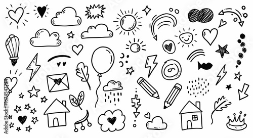 Collection of Hand Drawn Doodle Elements Featuring Hearts Clouds Sun Lightning Bolts Houses Balloons Stars Leaves and Rainbows for Creative Designs