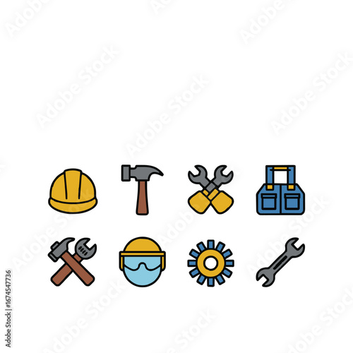Labor Day icon collection. Worker tools, helmet, gear, hammer, wrench.