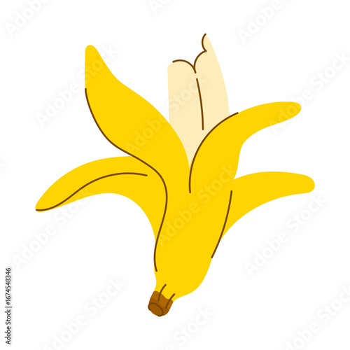 Sliced banana in peel. Tropical hand-drawn yellow doodle fruit illustration. Simple sketch style vector design of banana for food, summer, or exotic themes.