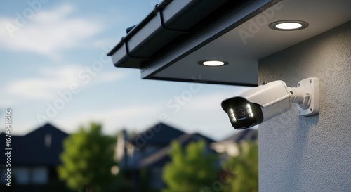 Modern Home Security Camera with Illuminated Leds on a House Exterior Wall Monitoring a Suburban Neighborhood