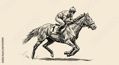 Horse racing illustration with jockey riding at high speed  