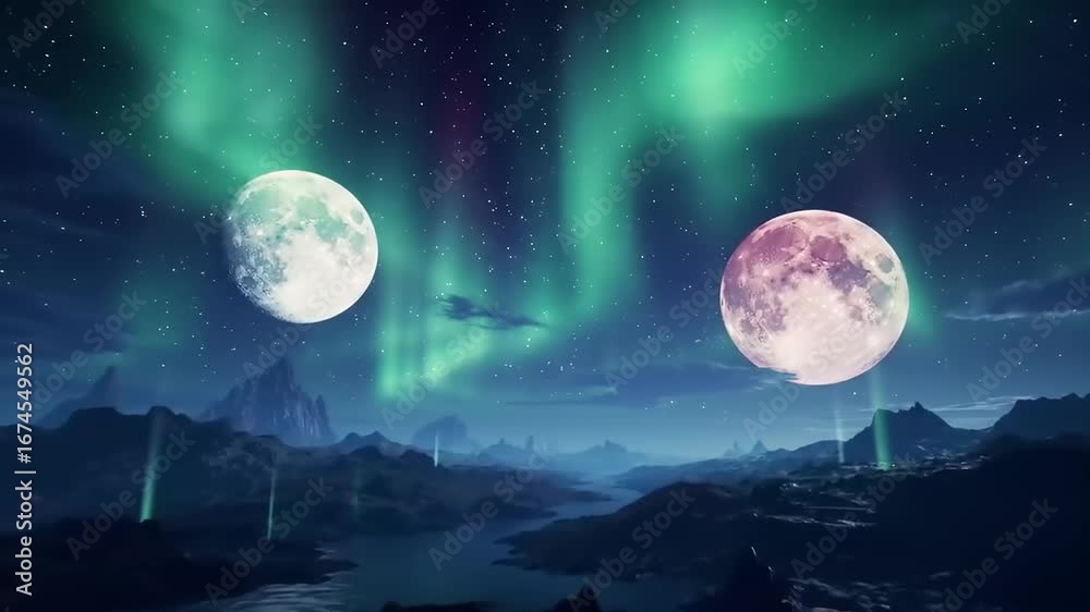 Alien landscape at night with aurora borealis and two moons Stock Video ...