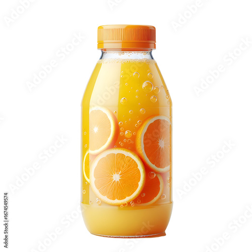 plastic bottle with orange juice isolated on white background	