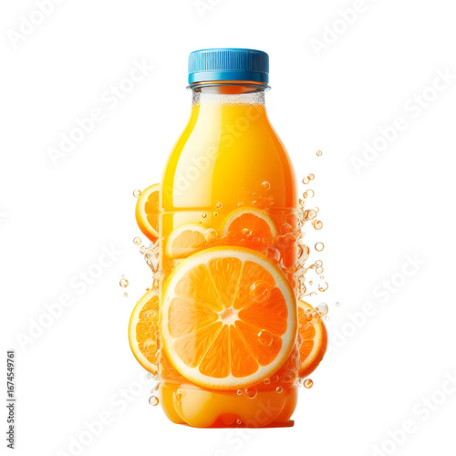 plastic bottle with orange juice isolated on white background	