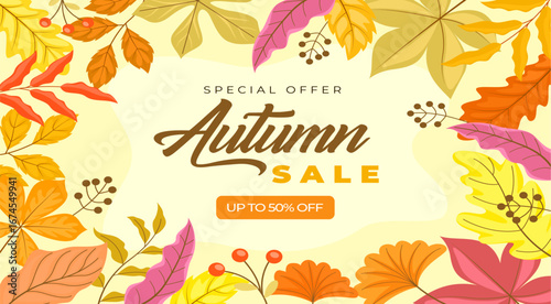 Autumn sale banner with vibrant fall leaves in orange, yellow, and red. Festive design with "Get up to 25%,50%,70% off" text, perfect for seasonal promotions, marketing, and social media campaigns.