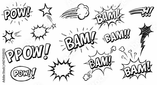 Collection of comic book sound effect words and action lines drawn in a sketchy black and white doodle style perfect for graphic novels and vintage comic inspired designs