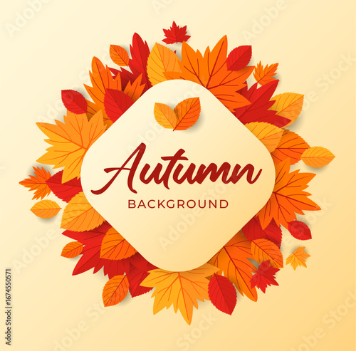 Beautiful autumn landscape background with vibrant orange, red, and yellow leaves, sunlight filtering through trees, fallen leaves on the ground, peaceful and natural atmosphere.