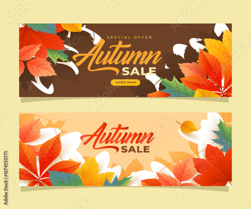 Autumn sale banner with vibrant fall leaves in orange, yellow, and red. Festive design with "Get up to 25%,50%,70% off" text, perfect for seasonal promotions, marketing, and social media campaigns.