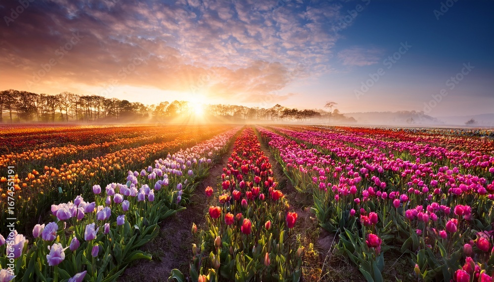 Obraz premium vibrant tulip field at sunrise
