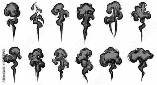 A Collection of Dark Swirling Smoke Puffs and Wisps Hand Drawn in Black and White Artistic Style Capturing Dynamic Movement and Volume