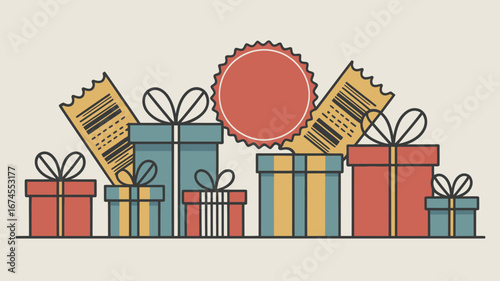 Illustration of gift boxes with ribbons and a circular badge and tickets on a light background