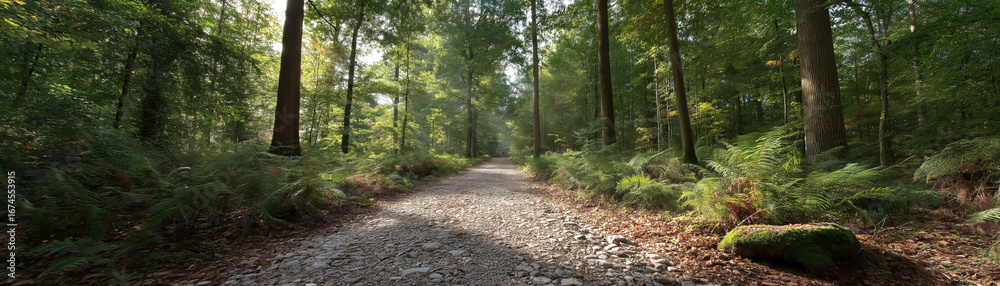 Fototapeta premium Fake HDR 360 degree panorama of serene forest trails nature pathways green environment