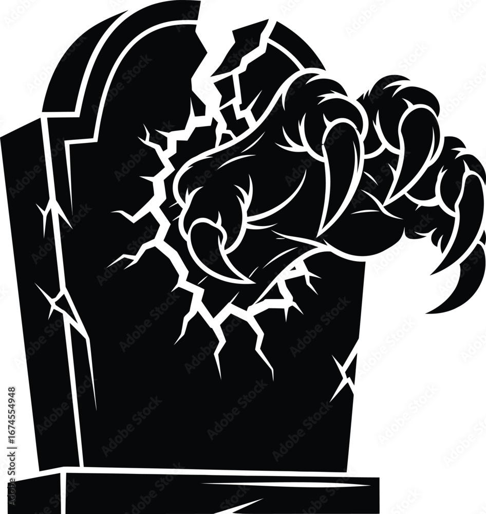 Obraz premium Monster Claw Breaking Through Tombstone a Graphic Illustration in Black and White for Spooky Themes