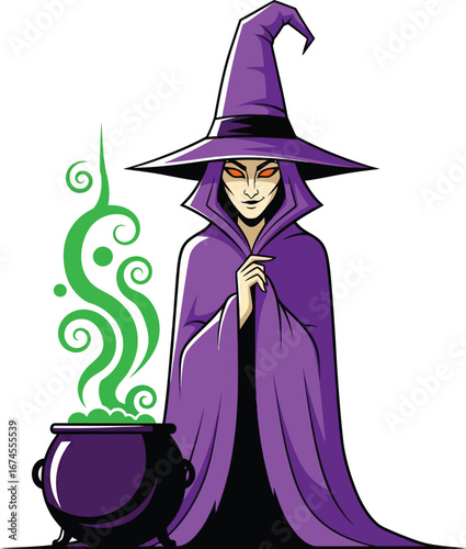 Mysterious witch brewing a potion in a cauldron Halloween themed vector illustration for fantasy stories and mystical backgrounds