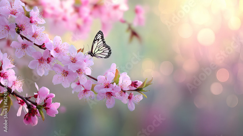 Scenic spring landscape with blooming cherry blossom branches, delicate pink flowers, and a butterfly illuminated by warm sunlight rays
