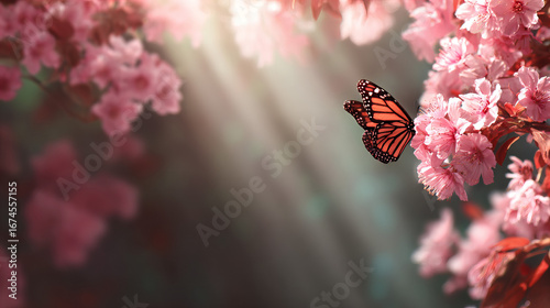Scenic spring landscape with blooming cherry blossom branches, delicate pink flowers, and a butterfly illuminated by warm sunlight rays