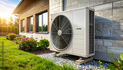 Modern house exterior with air conditioner unit