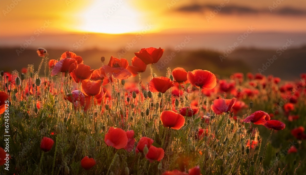 Obraz premium a sunset scene featuring bright red poppies in sharp focus against a blurred background