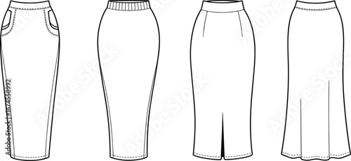 Skirt flat sketch, CAD drawing, fashion vector illustration, midi skirts, pencil skirt design, technical template, fashion design elements, editable outline