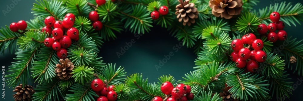 A lush, evergreen Christmas wreath with red berries and pinecones , holiday element, white background