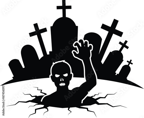 Zombie rising from grave in graveyard silhouette a spooky halloween themed vector illustration perfect for posters and invitations