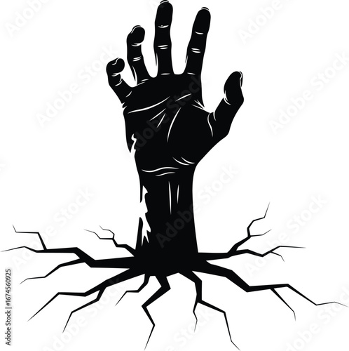 Zombie hand rising from the grave illustration concept for Halloween horror themed designs and scary movie promotions in monochrome style