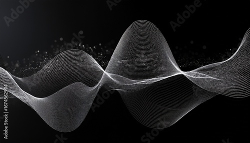 abstract black and white wave design resembling sound waves with scattered particles creating a dynamic and modern look