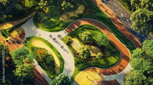 Aerial view of a park with winding paths, playgrounds, and cyclists.