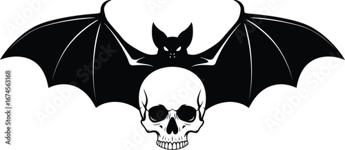 Eerie Halloween Design with Bat Spreading Its Wings Above Human Skull in Black and White Graphic