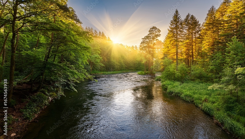 Obraz premium sunlight beams through dense green trees illuminating a calm river in a serene forest setting at golden hour