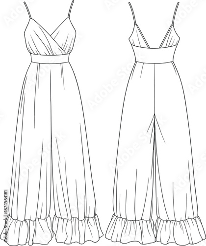 Spaghetti strap ruffle jumpsuit flat sketch, wide leg cad drawing, V-neck fashion design, technical vector illustration, garment template, outline