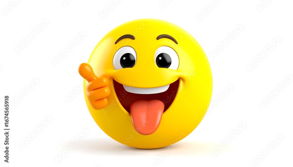 Fototapeta premium Happy emoticon with a thumbs up. Round yellow face, cheerful expression