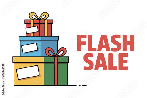 A cartoon image showing a flash sale announcement with a stack of colorful gift boxes on the side