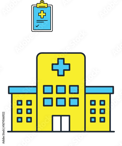 Illustration of a modern hospital building with a medical document.