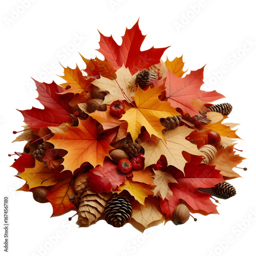 Pile of autumn colored leaves isolated on white background