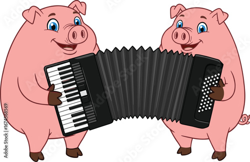 Two cute cartoon pigs playing accordion, funny musical farm animals, happy pig characters, vector illustration, music band concept, duet scene