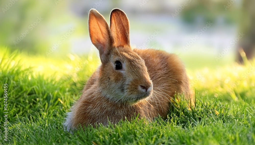 Fototapeta premium close up of a brown rabbit resting in fresh green grass