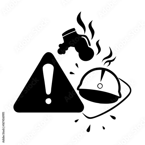 Vector art of warning sign of hot liquid and head protection equipment, indicating potential hazards and safety measures