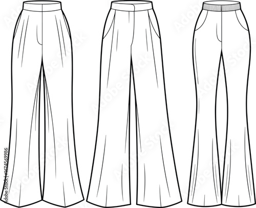 Wide leg pants flat sketch, fashion technical drawing, front view, three styles, vector template, high waist, flared silhouette, illustration