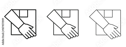 Hand holding box icon in linear versions. Editable line