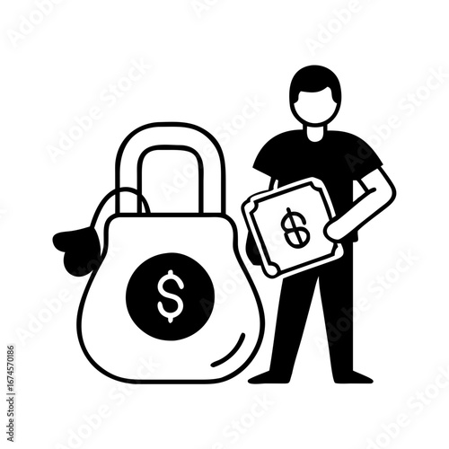 Vector art of man holding money with a bag of dollars, representing finance, investment, and economic success