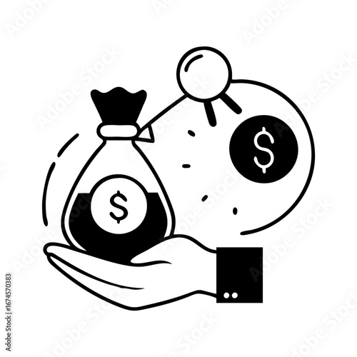 Vector art of hand holding a money bag with magnifying glass icon, representing investment, financial growth, and opportunity