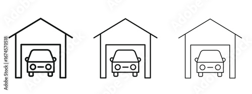 Garage car icon in linear versions. Editable line