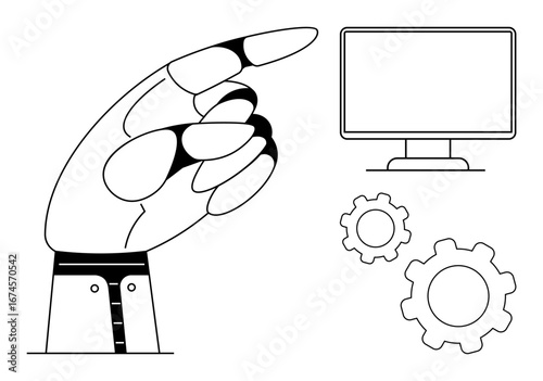 Robotic hand gestures toward a computer monitor and two gear icons, representing technology, innovation, and automation. Ideal for AI, robotics, process automation, technology, engineering