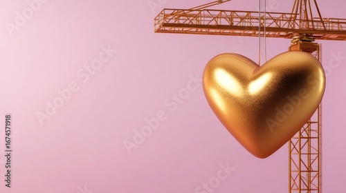 Gold heart hanging from crane on pink background