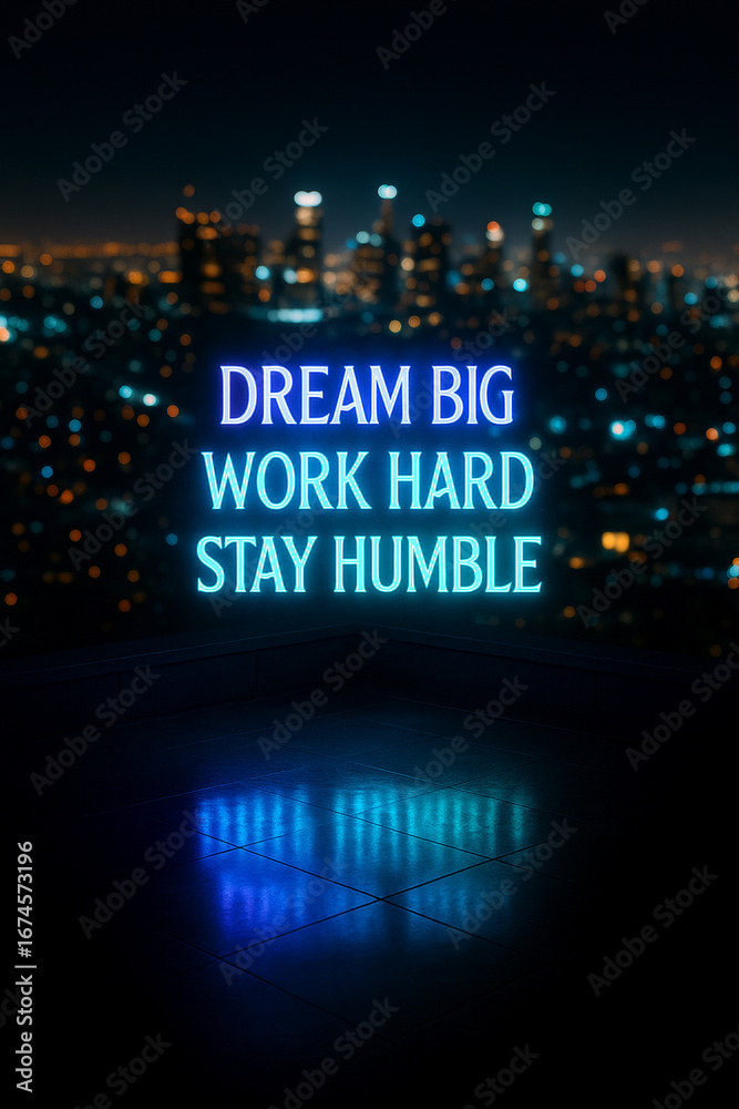 Obraz premium neon sign Dream Big Work Hard Stay Humble rooftop city skyline glowing lights inspirational quote motivational typography modern art deco luxury style urban background night photo