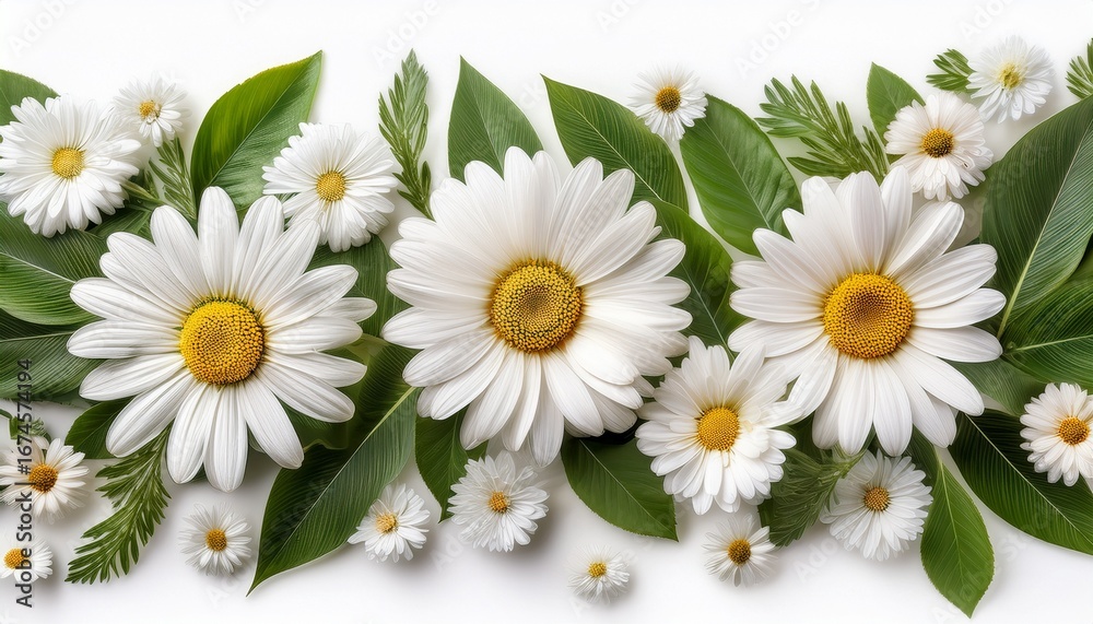 Obraz premium a vibrant floral border featuring white daisies and green leaves perfect for springtime designs