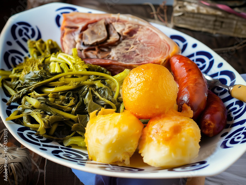 Lacón con grelos servido con chorizo y patatas, plato emblemático de la gastronomía gallega que combina sabores intensos y tradición culinaria en una presentación casera y  ideal para el entroido.